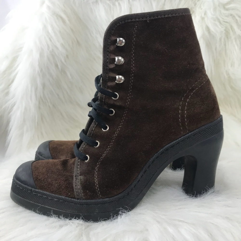 Suede & rubber heeled lace up booties. Sz 7